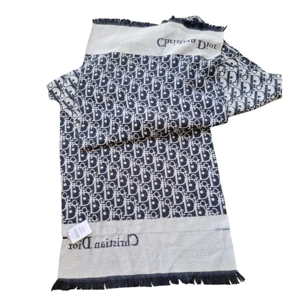 Christian Dior MONOGRAM Oblique 100% Cashmere Scarf Navy Blue & Cream 74